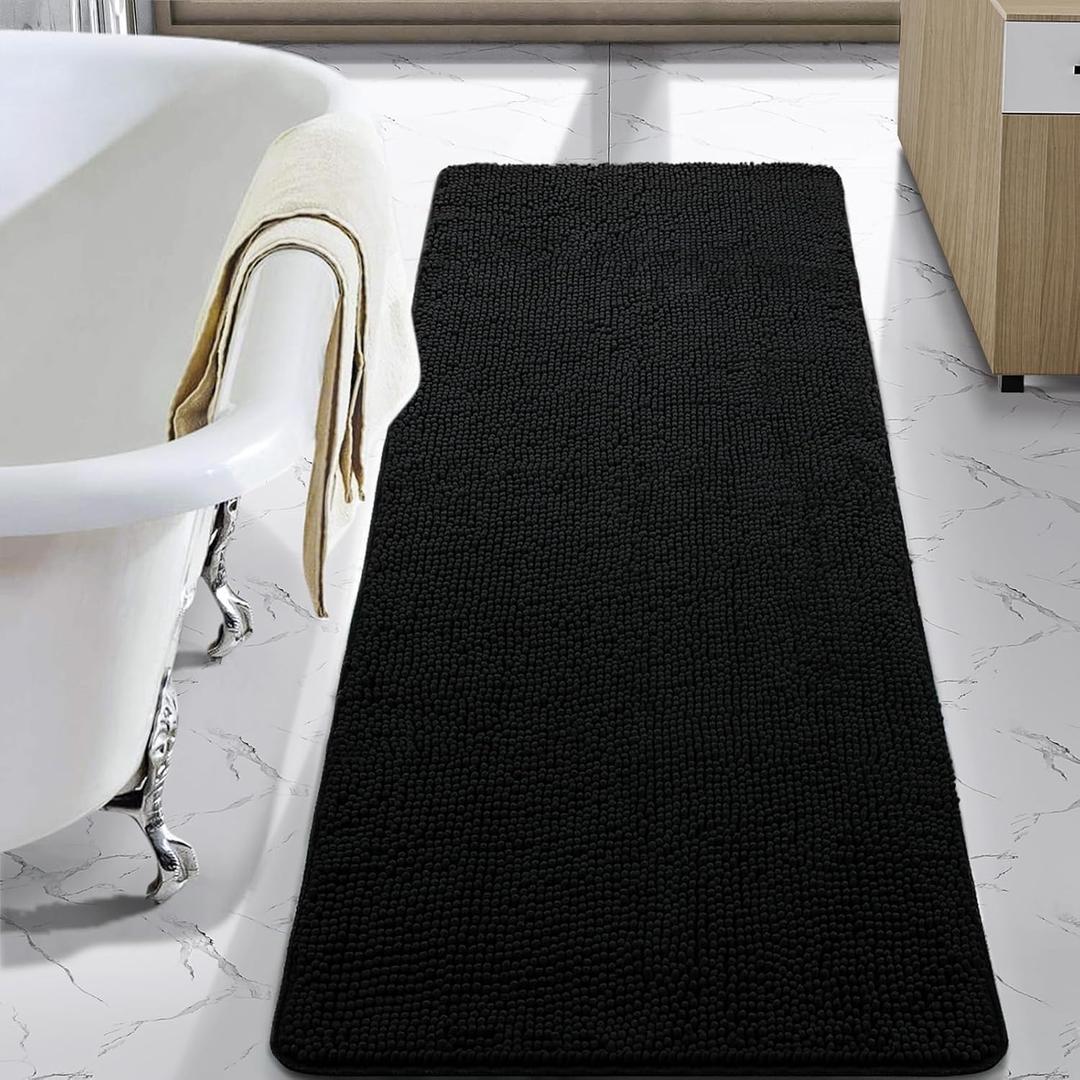 LOCHAS Luxury Bathroom Rug Shaggy Bath Mat 24 x 60 Inch, Washable Non Slip Bath Rugs for Bathroom Shower, Soft Plush Chenille Absorbent Carpets Mats, Black