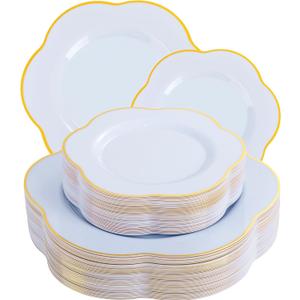 Liacere 50PCS Light Blue Plastic Plates - Heavy Duty Ice Blue Disposable Plates - Blue and Gold Plastic Plates Include 25PCS Blue Dinner Plates, 25PCS Blue Dessert Plates for Baby Shower&Spring&Party