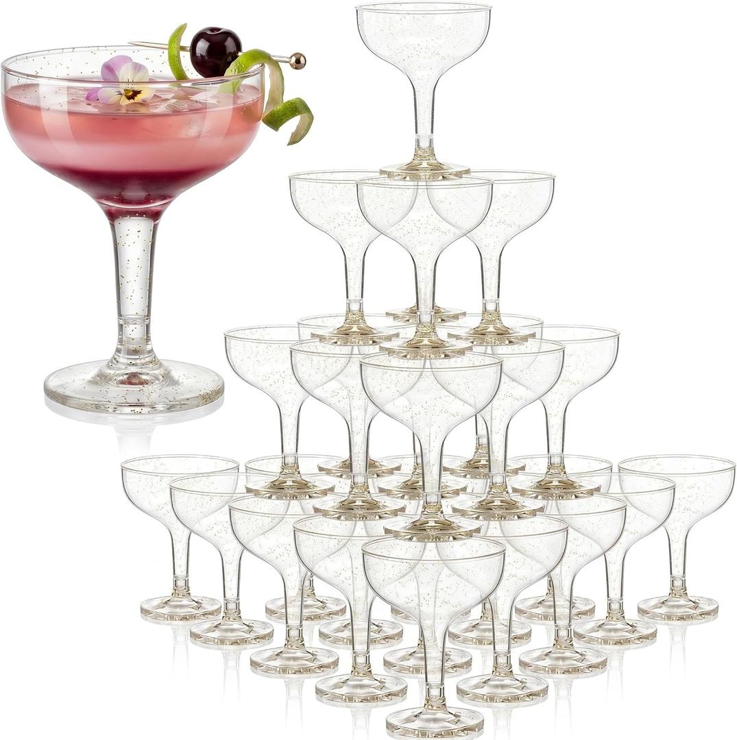 Zopeal 30 Pcs Plastic Champagne Tower Glasses, 5 oz Coupe Cocktail Cups for Party, Stackable Stemmed Margarita Glasses, Disposable Champagne Coupe for Wedding Birthday Bar(White,Gold Glitter)