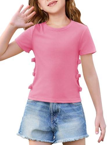 Haloumoning Girls Short Sleeve Shirts Kids Summer Casual Side Bow Knit Tops Tees 5-14 Years, Rose Red 