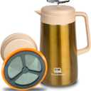 PortableAnd 34oz Double Vacuum Insulation Large Silicone French Press Coffee Maker, Metal Stainless Steel, Matte Black, Perfect for Camping, Travel, and At-Home Use (Light Gold)