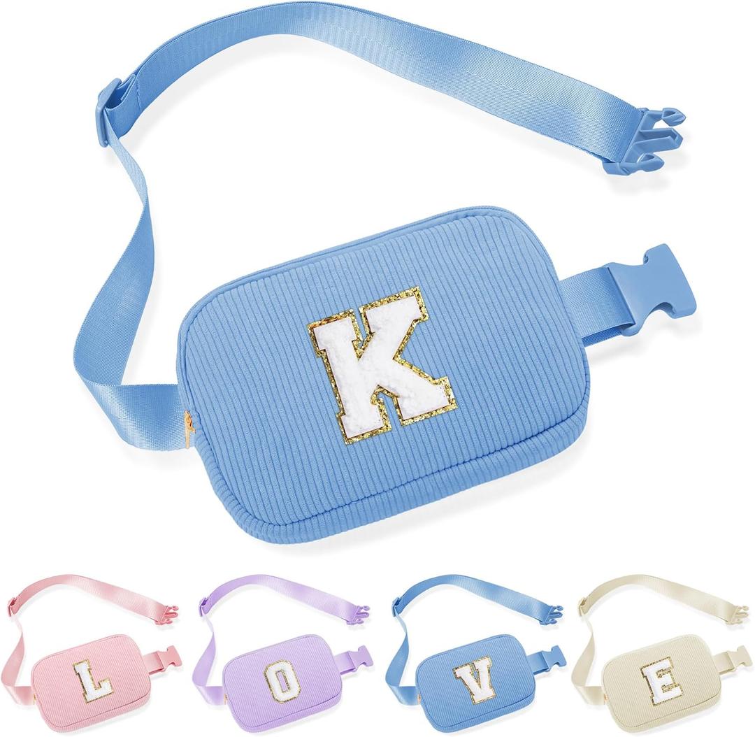 YOOLIFE Birthday Gifts for Girls Kids, Personalized Initial Small Crossbody Bags Fanny Packs for Teen Girl Kid Small Sling Bag Belt Bag for Girls Teen Girl Friend Kid Daughter Sister Gift (Blue K)