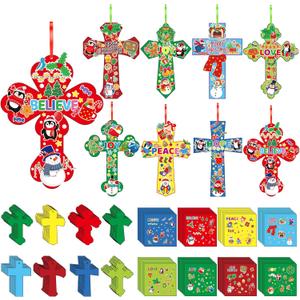 Watersay 48 Set Christmas Religious Cross Craft Kit Christian DIY Snowman Penguin Paper Crafts Make Your Own Christmas Hanging Ornament for Art Project Home Activities (Red)