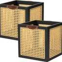VinneGenzz 2PCS Rattan Storage Cubes Wooden Storage Baskets Boxes Decorative Natural Handmade Bohemian Solid Wood Woven Wicker Cane Bin Closet Shelf Clothes Organizer Books Magazine Holder (Black) (Set of 2 ( 10.8 In ))
