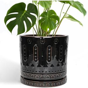 Eightpot Ceramic Planter for Indoor Plants - 10 Inch Plant Pots with Drainage Hole and Saucer, Round Decorative Flower Pots Outdoor, Boho Large Planter, Room Decor, House Warming Gifts, Black