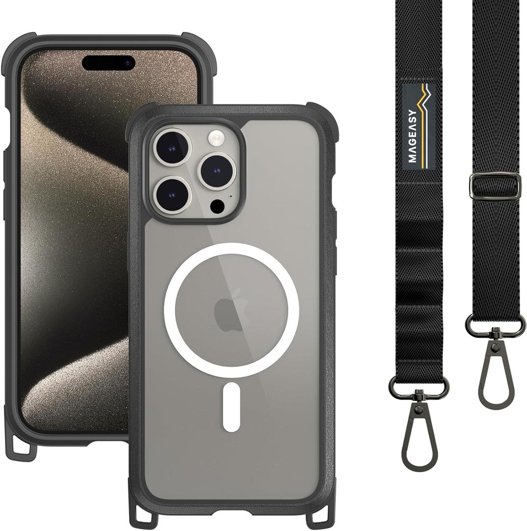 MAGEASY Case with Strap for Phone 15 Pro Max - Heavy Duty 16ft Drop Protection, 6.7" Crossbody Case with Lanyard, Compatible with MagSafe - Odyssey M + Strap | Embedded Leather Frame