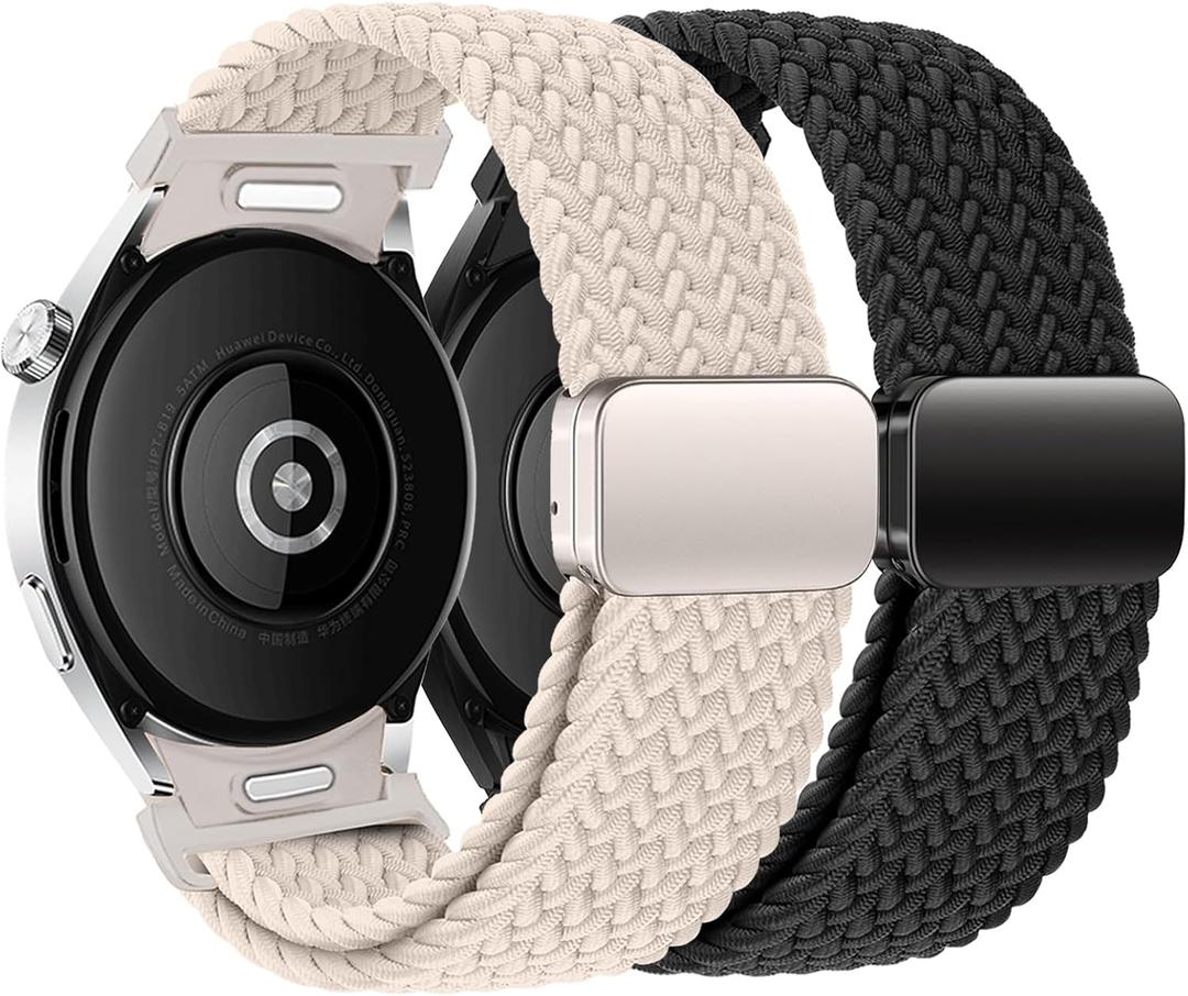 One Click Galaxy Watch 7 Band for Samsung Galaxy Watch 7 6 5 4 FE Band 40mm 44mm/6 Classic 47mm 43mm/4 Classic 46mm 42mm/5 Pro 45mm Band 20mm Elastic Braided Fabric Magnetic Strap (Black/Starlight)