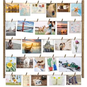 Love-KANKEI Wood Picture Photo Frame for Wall Decor 2629 inch with 30 Clips and Adjustable Twines Collage Artworks Prints Multi Pictures Organizer and Hanging Display Frames Gift Carbonized Black