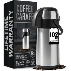 Coffee Carafe Insulated 102 OZ / 3L Stainless Steel Hot Beverage Dispenser, Airpot Coffee Dispenser with Pump, Thermal Coffee Carafe for Hot Liquids, Coffee Carafes for Keeping Hot Drink Dispenser