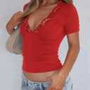 Women's Short Sleeve Sexy Lace V-Neck Summer Going Out 2025 Crop Tops Slim Fit Tees Trendy Y2k Clothing (Red, S)