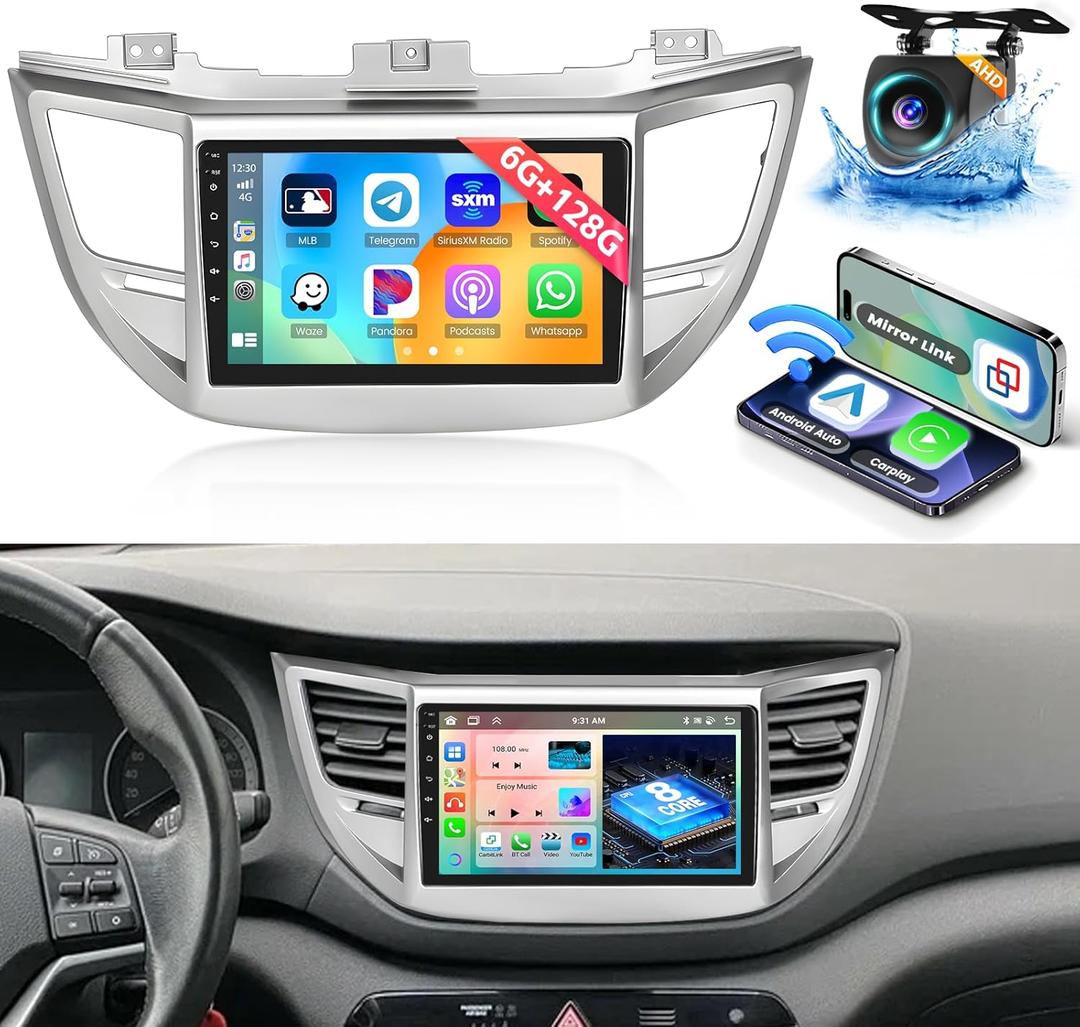6+128G Radio for Hyundai Tucson 2015 2016 2017 2018 Car Stereo Upgrade 8 Core Android 13 9'' Touch Screen CarPlay Android Auto Bluetooth GPS Navigation AHD Backup Camera