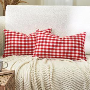 CARRIE HOME Rustic Christmas Decor Red Gingham Plaid Lumbar Pillow Covers 12x20 Set of 2, Red and White Buffalo Check Lumbar Pillows 12 x 20, Red Christmas Outdoor Pillow Covers for Patio Furniture