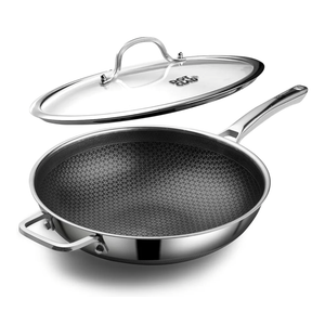 Wok pan,Hybrid 12 inch Wok with Lid, PFOA Free Cookware,non stick Stainless Steel Woks & Stir-fry pans Nonstick, Dishwasher and Oven Safe, Works on Induction