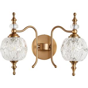 2-Light Vintage Crystal Bathroom Wall Sconces, Matte Brushed Antique Brass Finish Retro Wall Sconce Light with Crystal Glass Shade for Bathroom (2-light Brass)