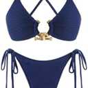 ZAFUL Women's Sexy Cutout Bikini Set High Cut Textured Metal Ring Cheeky Swimsuit Two Piece Bathing Suit M