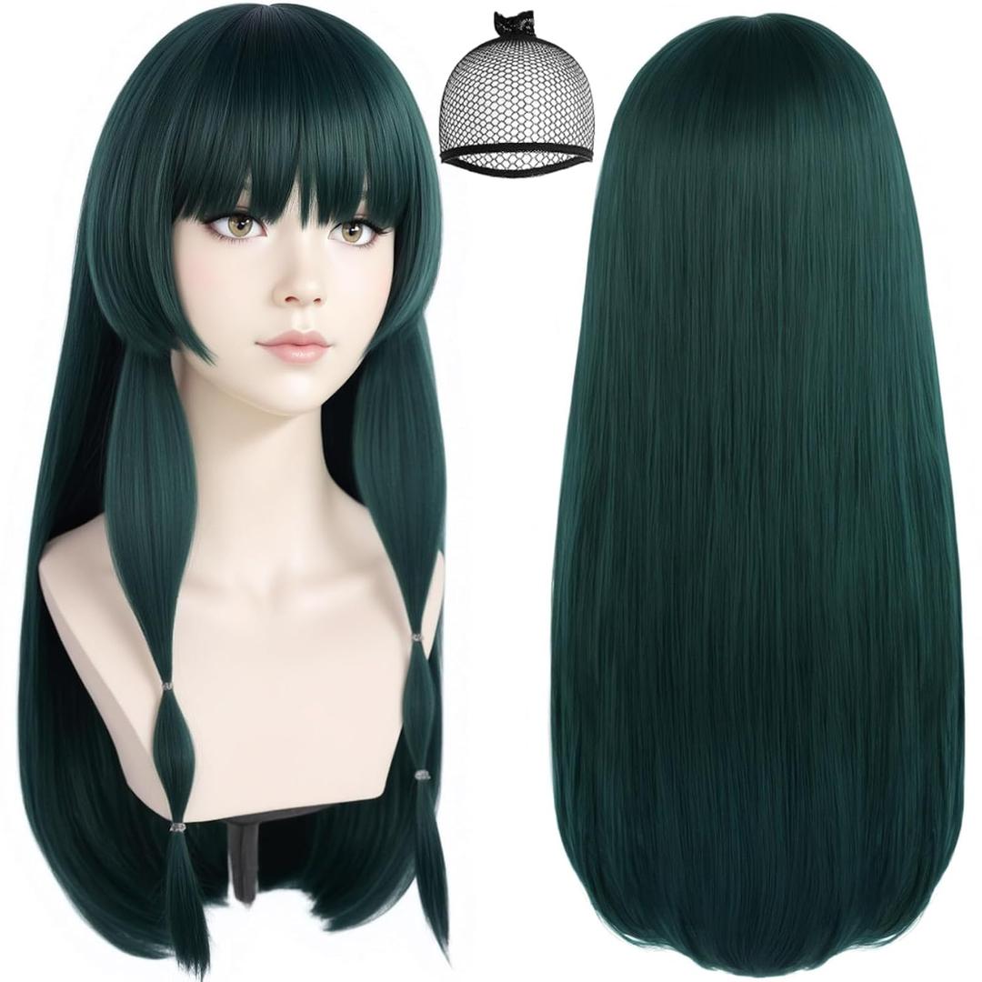 Dark Green Wig with Bangs Cosplay Costume Outfit Long Dark Green Cosplay Wigs for Women Adult Anime Costume Wigs for Halloween Christmas Party +Hair Cap
