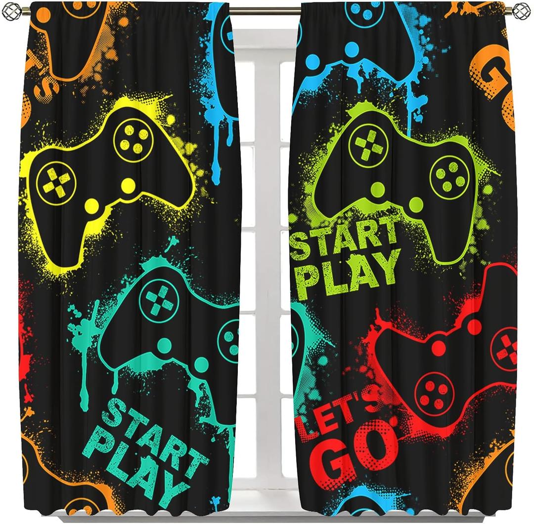 21x54Inch Neon Gamepad Modern Gaming Window Curtains Start Play and Let's Go Teen Boys Video Game Room Nursery Bedroom Living Home Decoration Polyester Fabric Supplies Drapes 2 Panel