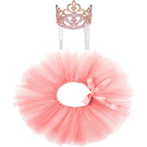2 Pcs Dog Crown Headband Dog Tutu Dress Set Crystal Rhinestone Tiara Crown Tutu Skirt Pet Dress Costume for Puppy Birthday Party Wedding Photo Prop Costume (Large, Dusty Pink)
