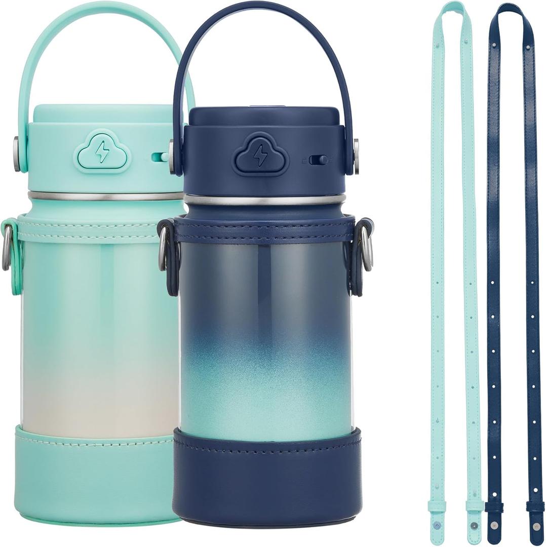 Pack of 2 Kids Water Bottle with Straw, 14oz Insulated Stainless Steel Tumbler, Leak-Proof Locking Lid for School, Lunchbox, Outdoor Sports, Case with Shoulder Strap (Mint Bloom+Midnight Mint)