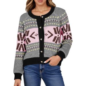 Saodimallsu Womens Button Up Cardigan Sweaters Crew Neck Vintage Fair Isle Long Sleeve Warm Knit Christmas Sweater Coats (Large, Light Pink)