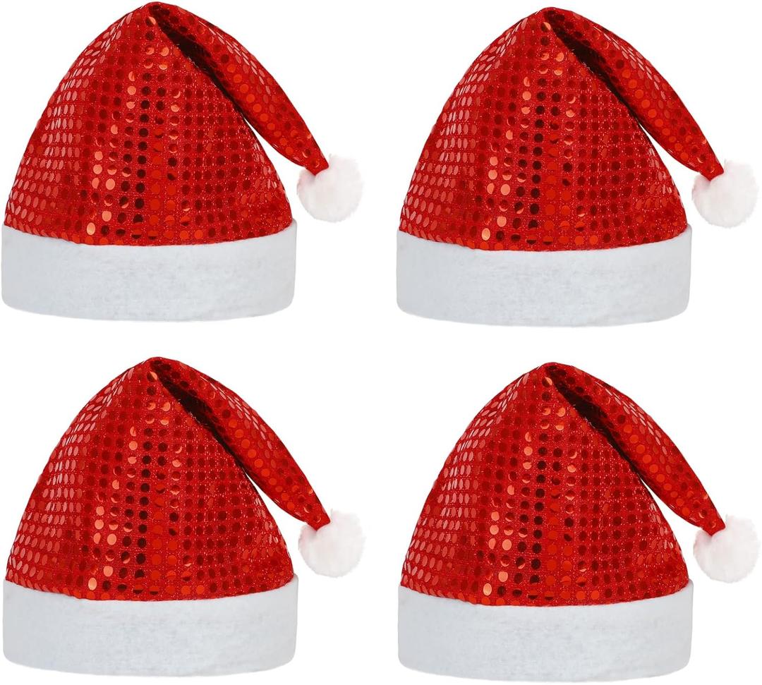 CCINEE 4 Pcs Santa Hats for Adults, Red Sequin Christmas & Xmas Hats for Home Decoration & Party Costume Supplies