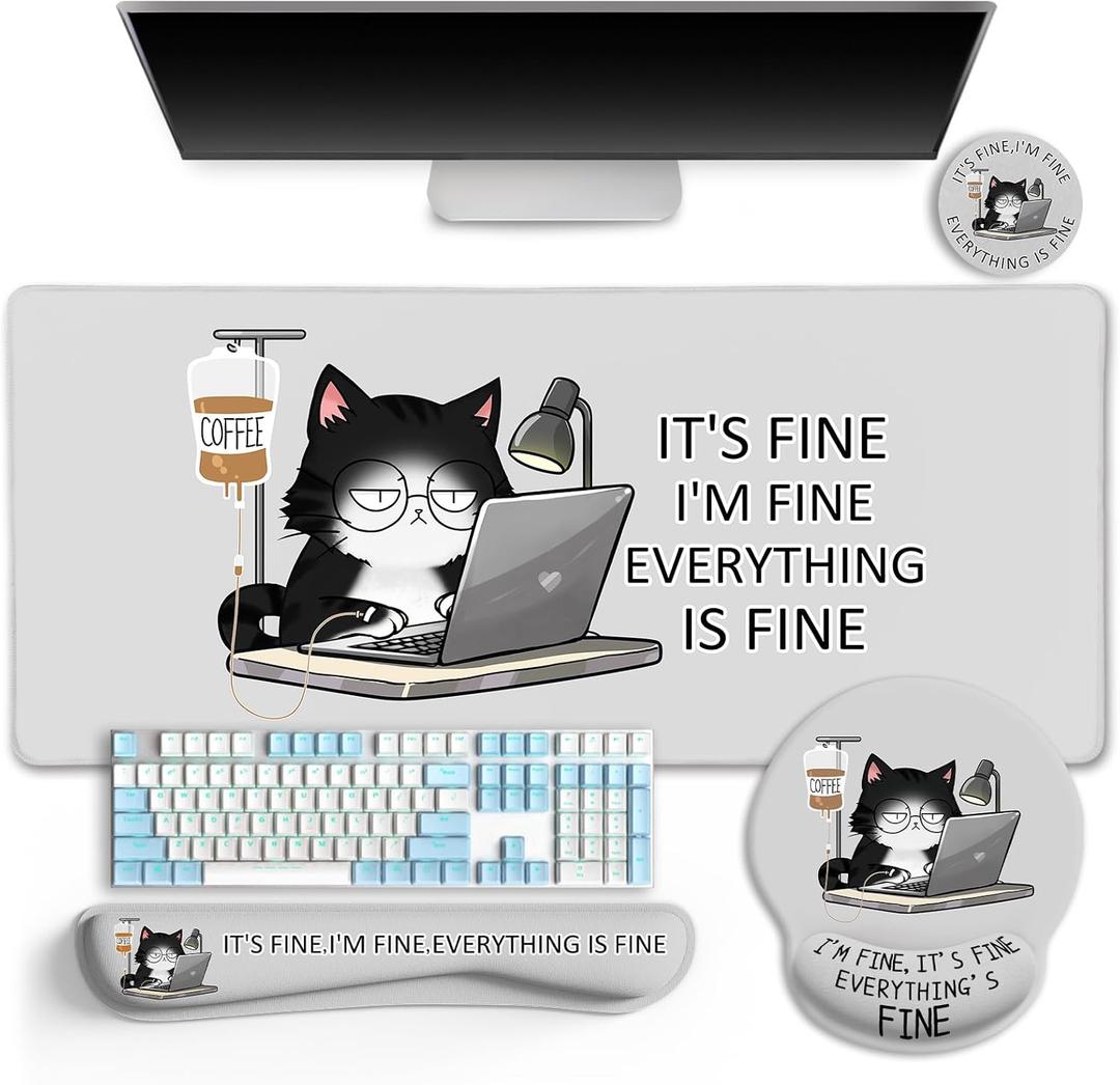 Cat Ergonomic Mouse Pad with Wrist Rest Desk Mat Sets Accessories, Cute Mouse Pads for Desk, Gaming Mouse Pad Wrist Support, Keyboard Mat Wrist Rest Cup Coaster Funny Office Desk Accessories