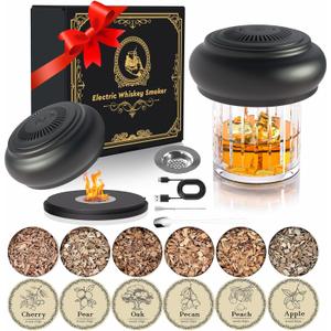 Electric Whiskey Smoker Kit with 6 Wood Chips, Cocktail Infuser for Bourbon, Scotch, Old Fashioned Drinks, One Button Operation, USB Rechargeable, No Torch Required, Portable Whiskey Gifts for Men