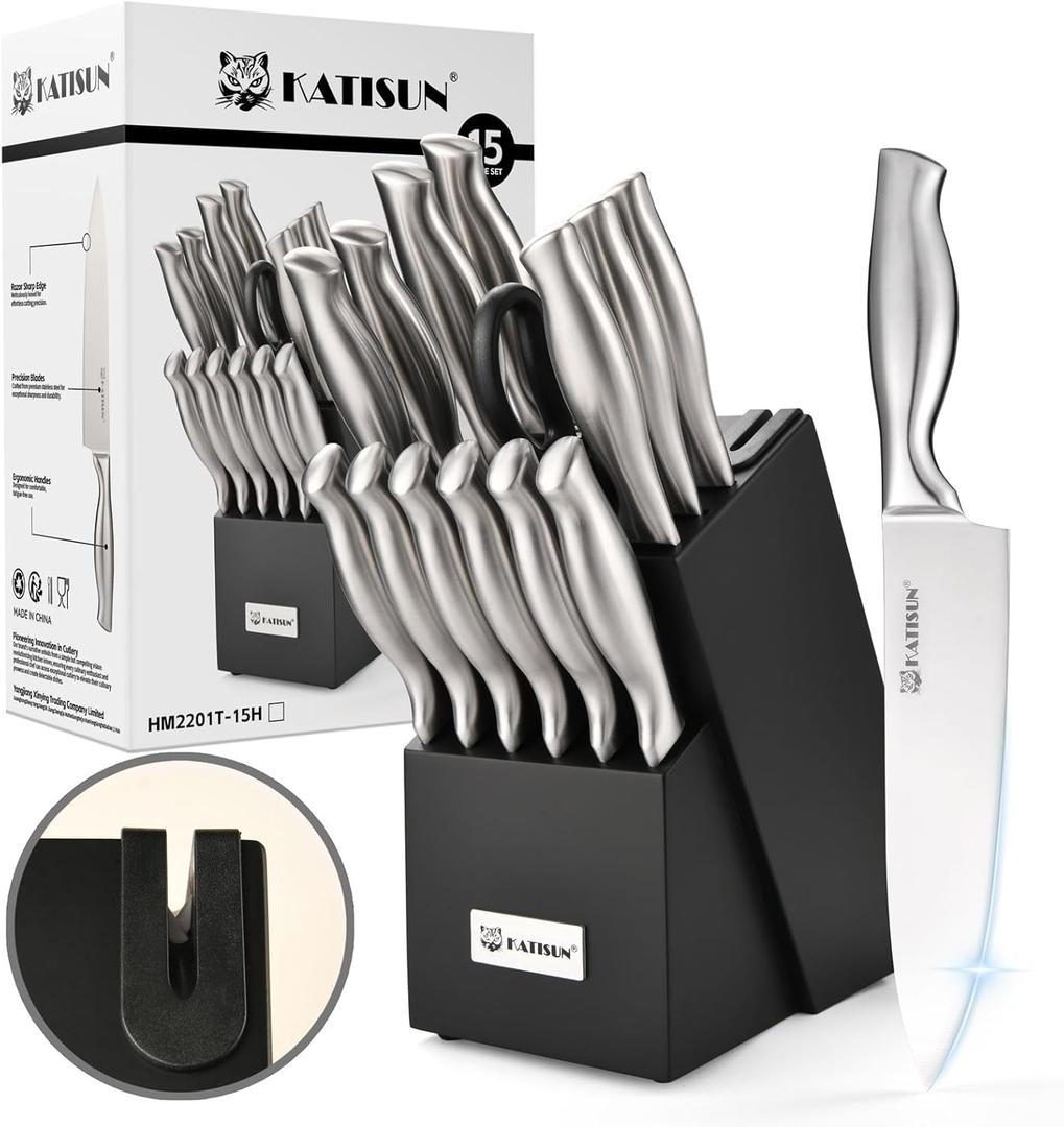 Knife Set, 15-Piece Kitchen Knife Block Sets with Built-in Sharpener, German Stainless Steel Knife Block Set, Dishwasher Safe (Silver/Black)