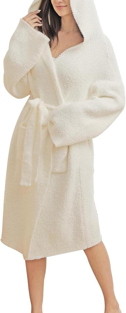 Soft Plush Hooded Robe, Cozy Warm Loungewear Bathrobe with Pockets for Women (Large, Cream)