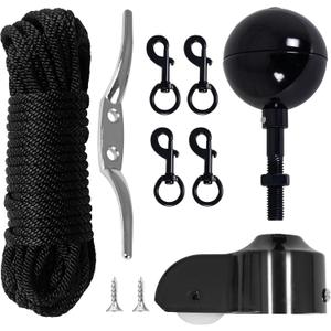 Flagpole Hardware Repair Parts Kit-50 Ft Halyard Rope +3" Black Ball+6" Zinc Alloy Cleat +4 PCS Metal Swivel Snap Clips+Aluminum Alloy Flagpole Truck for 2" Diameter Flag Poles Top