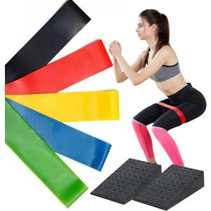 Exercise Slant Board & Resistance Bands Set  2PCS Incline Calf Raise Wedge Blocks + 5 Loop Bands  Non-Slip, Heavy Duty Material  Ankle Mobility & Stretching Kit for Home Gym & Rehab