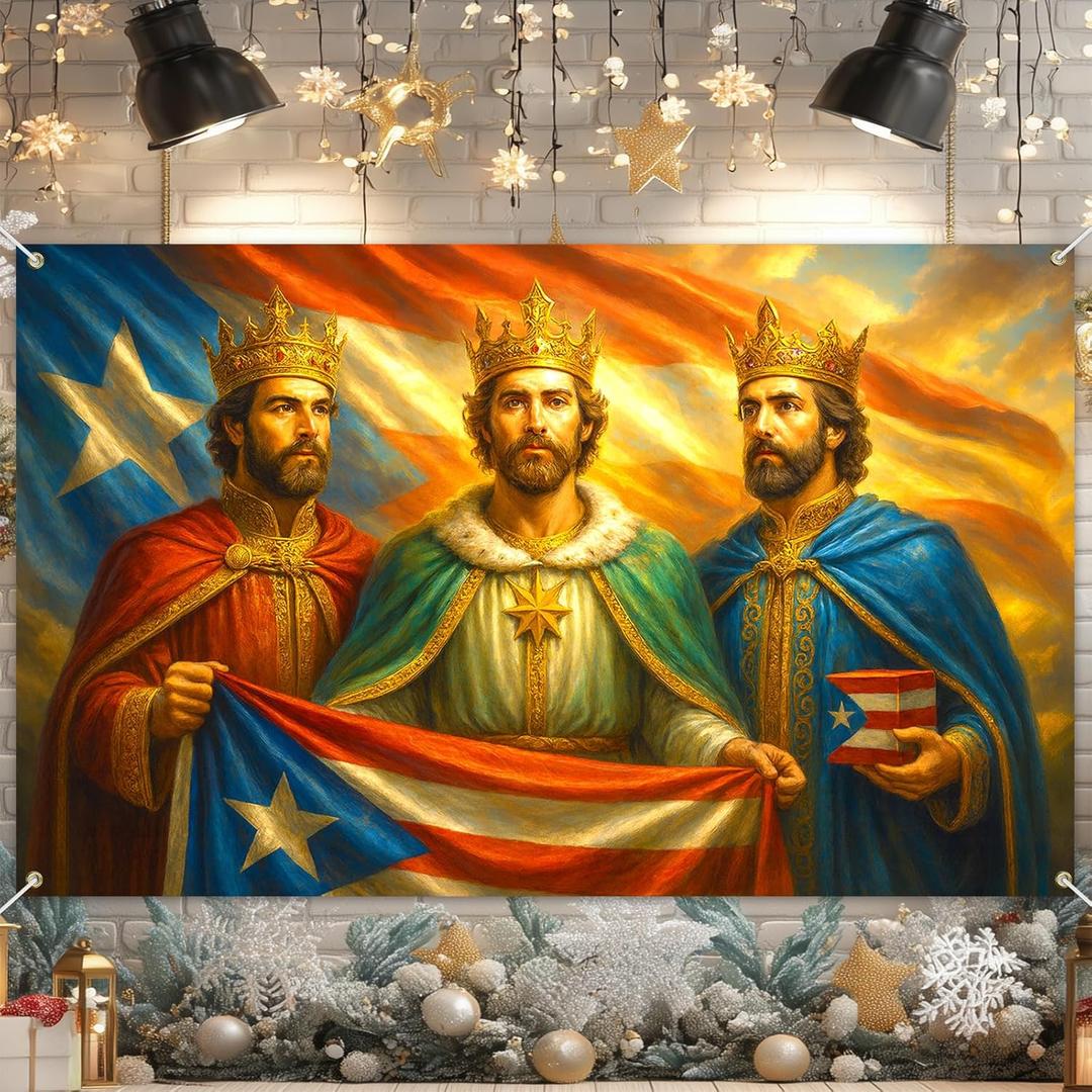 Three Kings Day Banner 71 x 43 Inches Da de Reyes Magos Puerto Rico Flag Wall Hanging, Epiphany Christian Religious Nativity Decor for Home Church Party Three Kings Day Backdrop (Red, White, Blue)