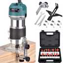 Compact Wood Palm Router Tool Hand Trimmer Woodworking Joiner Cutting Palmming Tool 30000R/MIN 800W 110V with 15PCS 1/4" Router Bits (Blue)