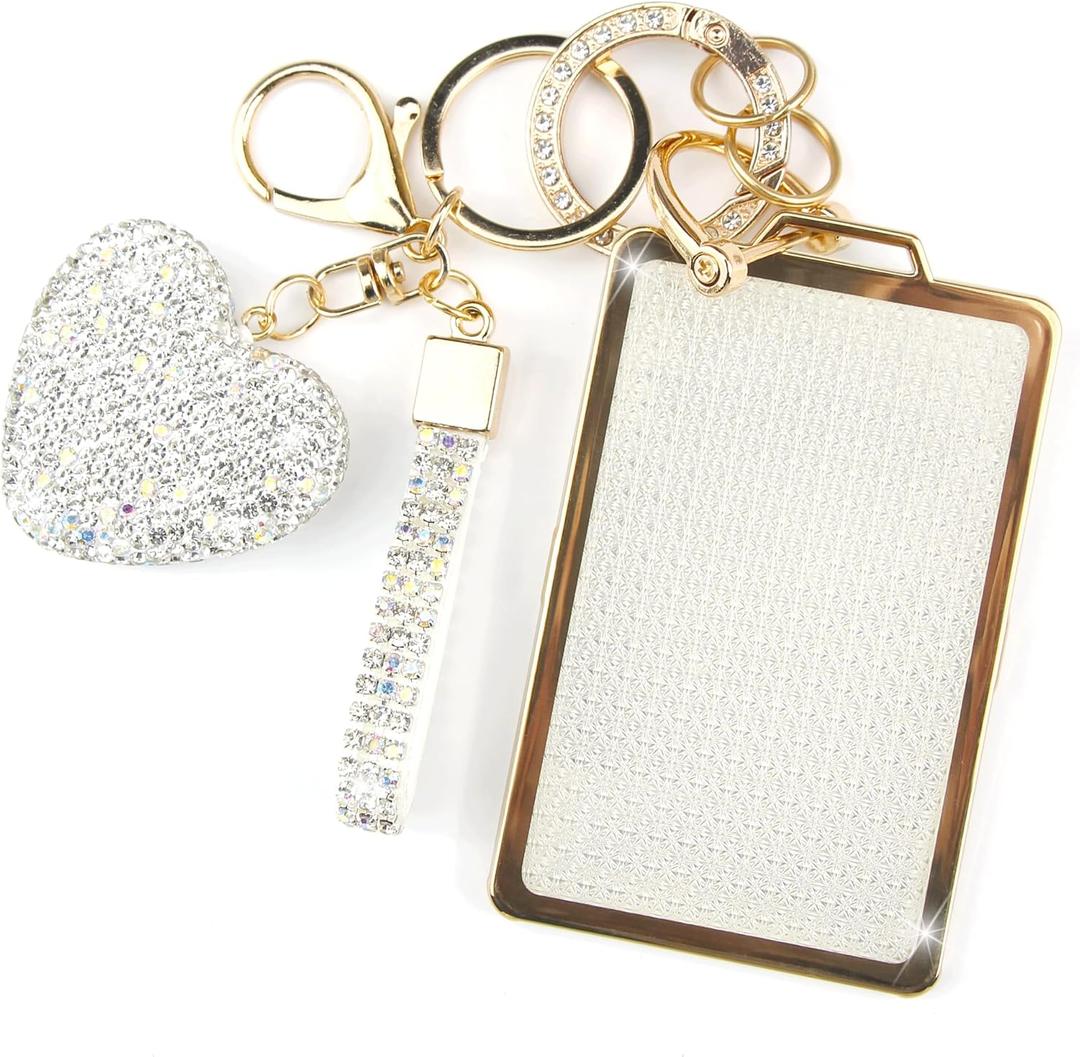 Key Fob Cover with Diamond Keychain Fit for Tesla Car Key Holder Case Compatible with Tesla Model 3 and Model Y Smart Remote Key Protector for Women, (White-Heart)