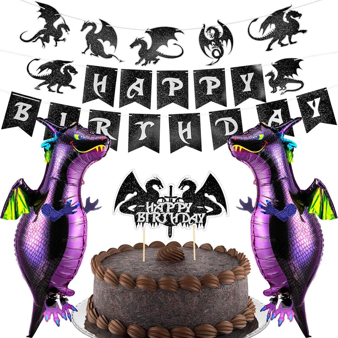 Boao 5 Pieces Dragon Cake Decoration Birthday Hanging Banner Funny Dragon Balloon Cupcake Topper for Dinosaur Birthday Party Supplies