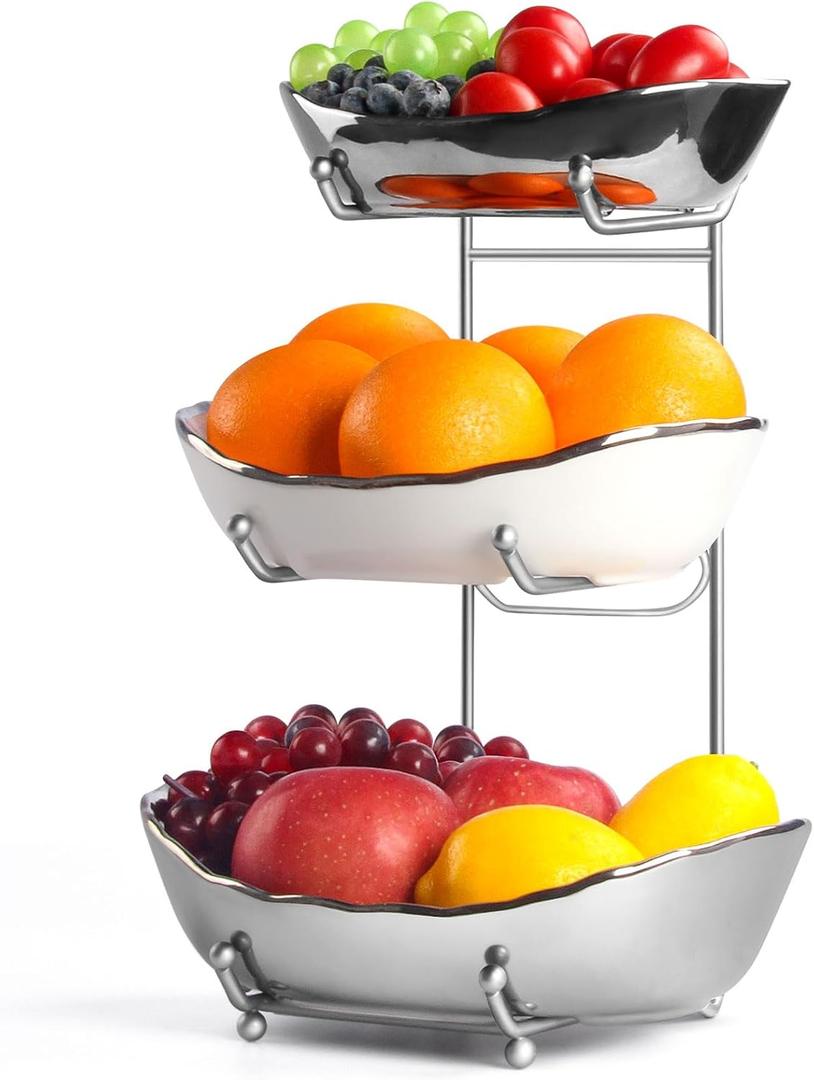 3 Tier Fruit Bowl for Kitchen Counter, White Sliver Ceramic Fruit Stand for Countertop, Home Fruit Rack with Holder, Vegetable Bowl Snacks Nuts Bread Candy Storage, Small & Cute (Sliver) (10.6"L x 7.5"W x 14.2"H, Silver)