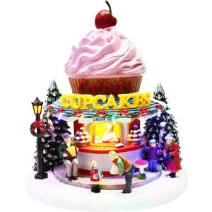 MOMENTS IN TIME Cupcake Shop Christmas Village LED Lighted Bakery Scene with Christmas Music Battery Operated Holiday Decoration for Tabletop Display Cupcake Shop with LED Lights and Music Pink