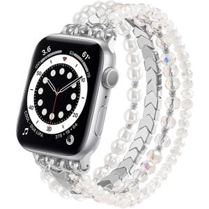 MOFREE Beaded Bracelet Compatible with Apple Watch Band 42mm/44mm/45mm/49mm/46mm Series 10/9/8/7/SE/6/5/4/3/2/1 Women Fashion Handmade Elastic Stretch Strap for iWatch Bands Replacement (White)
