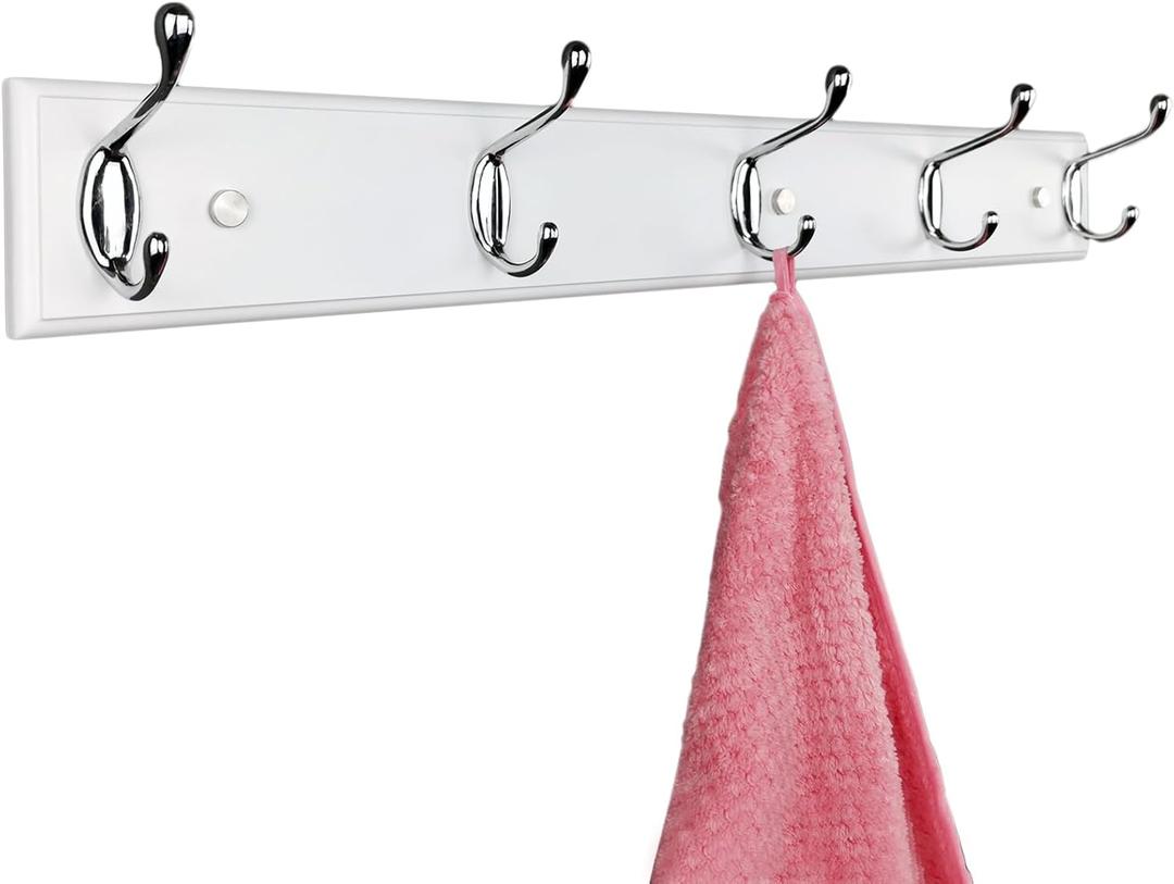 Wooden Wall Mounted Coat Rack 24 Inch, White with 5 Silver Hooks for Entryway, Hallway, Bedroom