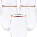 48 piece Stemless Unbreakable Crystal Clear Plastic Wine Glasses Set of 48 (10 Ounce - Rose Gold Rim)