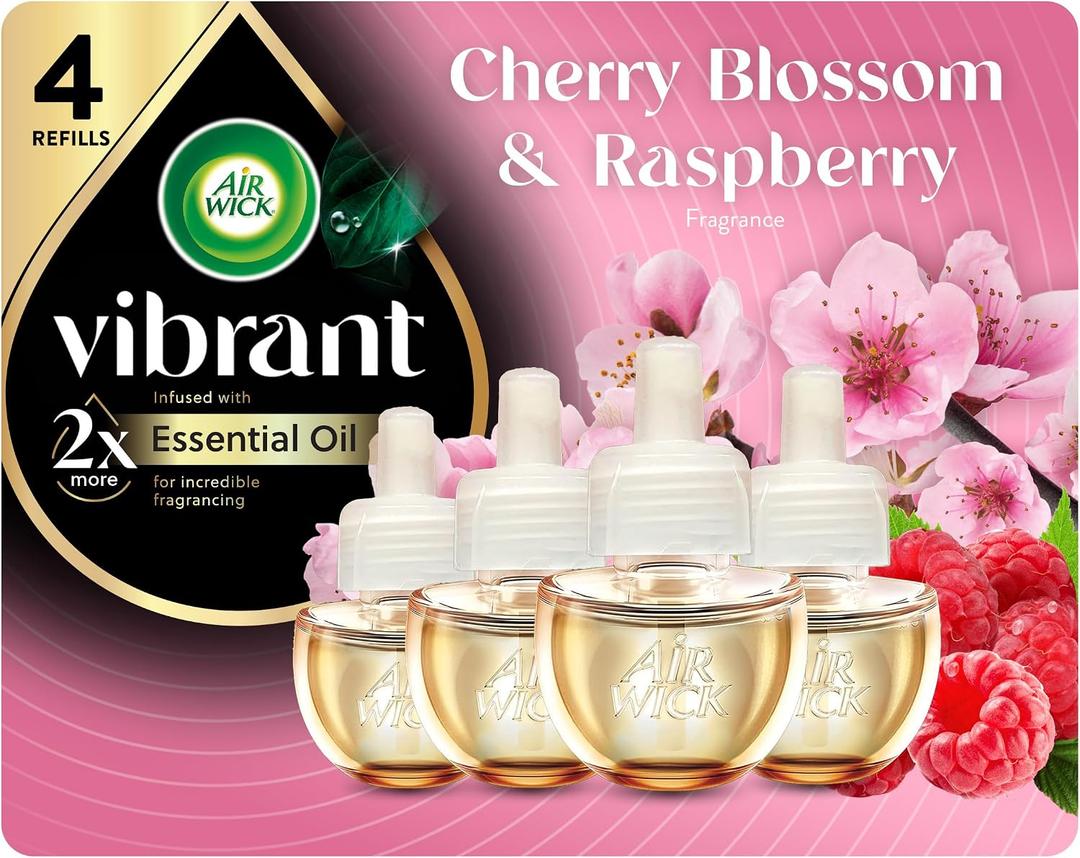 Air Wick Vibrant Plug In Scented Oil Refill, Infused with Essential Oils, Plug In Air Fresheners for Home, Cherry Blossom & Raspberry, 4 ct