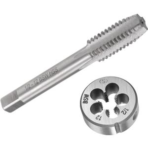 uxcell 1/2-12 BSW Machine Tap and Die Set,Right Hand Thread Tap Round Die 4 Flutes HSS Taper Silver Tone (2Pcs)