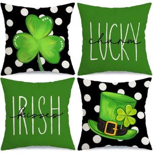 AACORS St Patricks Day Pillow Covers 18X18 Set of 4,Shamrock Clover Hat Lucky Charm Decorations Holiday Farmhouse Spring Pillow Case Decor for Home Sofa Couch AA122-18