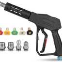 Swivel Pressure Washer Gun,Sturdy 5000PSI Short Power Washer Wand Carwash Spray Foam Gun Handle with 3/8 Plug & M22-14mm & M22-15mm and 1/4 Adapter 5 nozzles