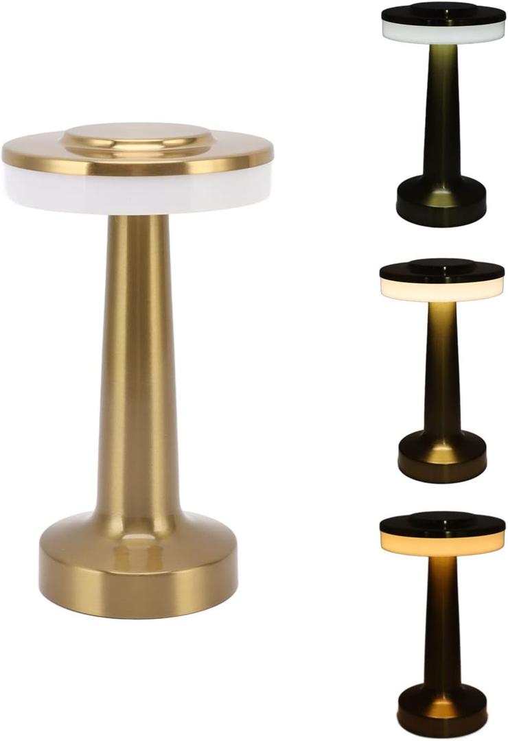 Topyond Cordless Table Lamps Gold, Rechargeable Touch Control LED Desk Lamp, 3-Levels Brightness Bedside Lamp for Home Office Bar KTV Hotel