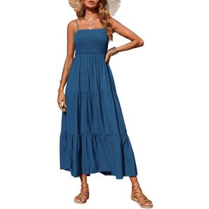 PRETTYGARDEN Women's Summer Maxi Dress 2026 Casual Boho Sleeveless Spaghetti Strap Smocked Tiered Long Beach Sundresses (Blue, L)