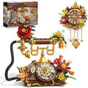 PLAXSOON Flowers Retro Telephone Clock Building Set, 2 in 1 Collectible Vintage Phone Model Building Block Kit with Realistic Design, 882 PCS Home Office Decor, Gift for Adults Teens Girls Boys 12+