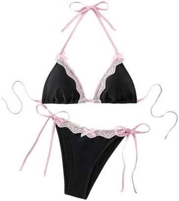 WDIRARA Women's Lace Trim Halter Bikini Set Bow Tie Side Bathing Suit 2 Piece Swimsuit size S