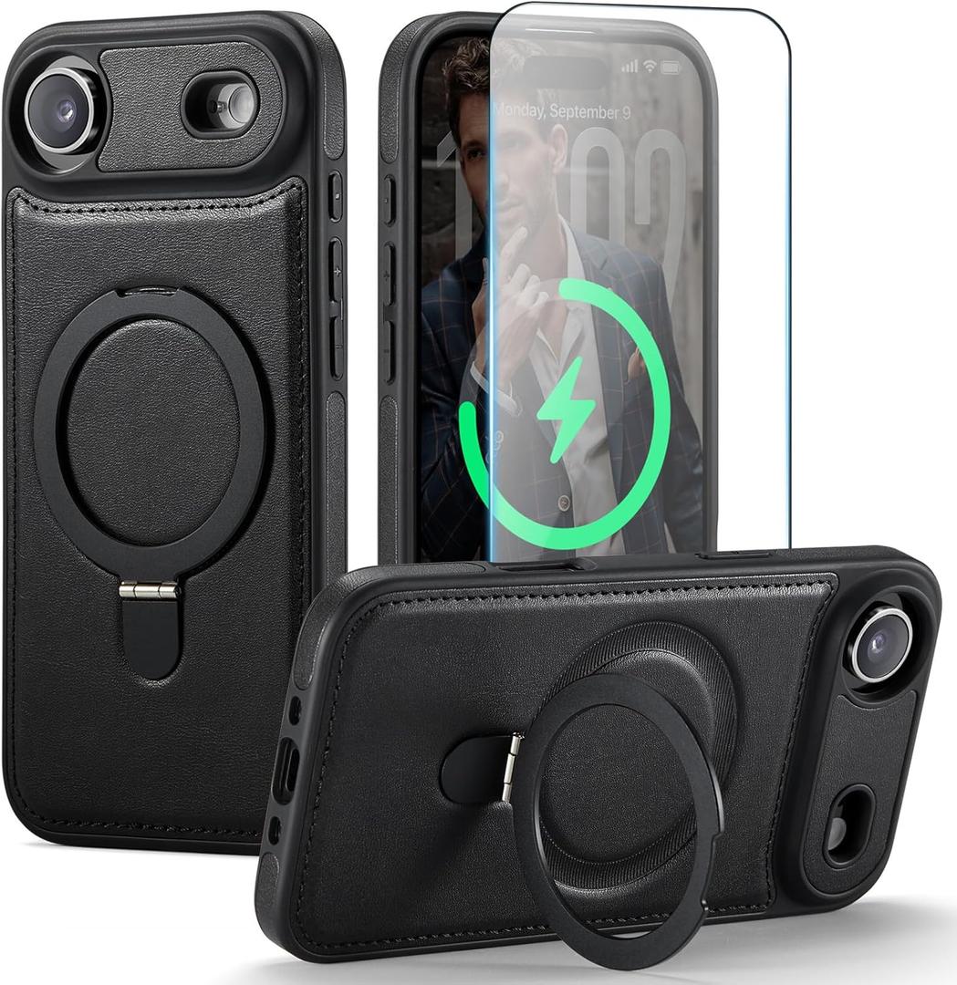 iPhone 17 Air Case with Stand, Compatible with MagSafe, Slim PU Leather & TPU Protective Magnetic Kickstand Phone Cases with Tempered Glass Screen Protector for iPhone Air 6.5", Black