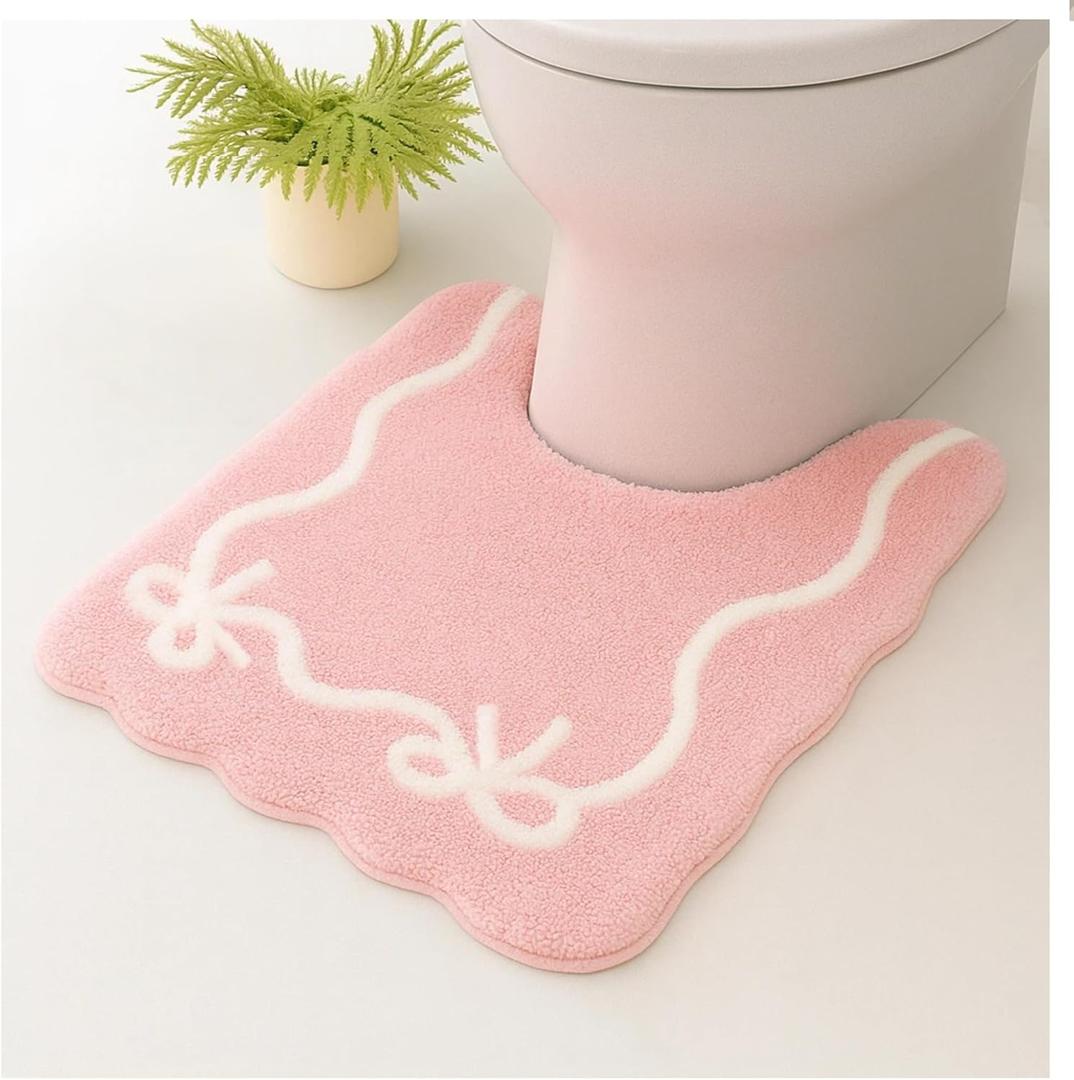 Toilet Rugs U Shaped Washable Non Slip Pink Bathroom Rugs with Bow Design, Cute Bath Mat for U Shaped Toilet, Soft Plush Bathroom Decor